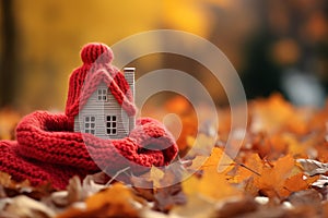 A small house in a red scarf and hat against an autumn backdrop with yellow leaves. Idea of keeping homes warm with