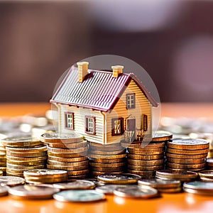 Small house is sitting on top of pile of coins. The coins are spread out in front of house, creating an interesting