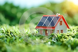 A small house with a solar panel on top of it in the grass. Generative AI