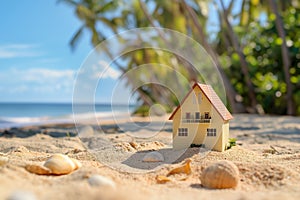 A small house surrounded by sandy beach, blending into the tranquil seaside setting