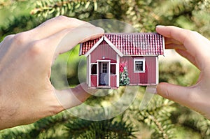 Small house in two hands nature tree green