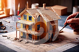 Small house under construction on top of blueprints