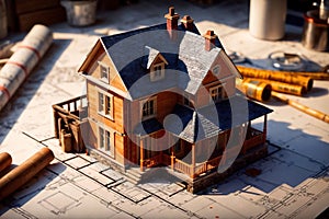 Small house under construction on top of blueprints