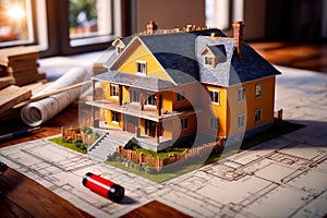 Small house under construction on top of blueprints