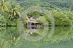 Small house at the water's edge in the tropical forest
