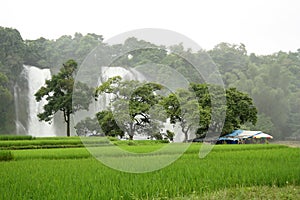 Small house and waterfall hidden in tropics photo