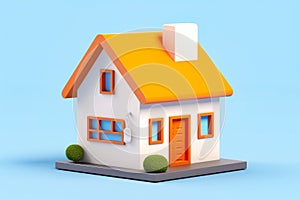 Small house with yellow roof and orange trim on blue background. Generative AI
