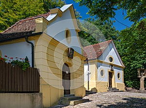 The small houses at the rock chapel St. Salvator in SchwÃ¤bisch GmÃ¼nd. Baden Wuerttemberg, Germany, Europe