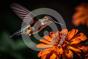 A small hummingbird flying over a red flower. Generative AI illustration.