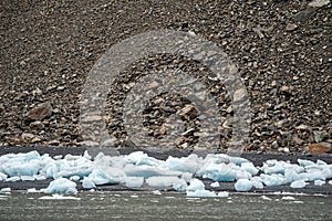 Small iceburgs and ice chunks sit near the rocky shoreline of Kenai Fjords National Park in Aaliak Bay