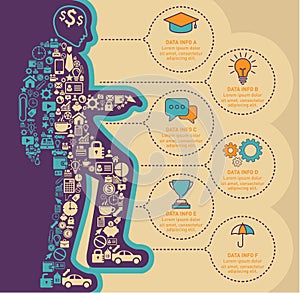 Small icons form an illustration of an entrepreneur up the stairs with business Infographic design template.