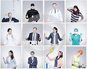 Small images of young man and woman in different occupation. Wearing specific work uniforms