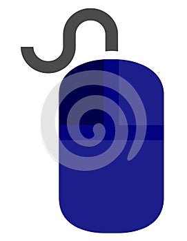 The drawing of a left-clicked blue computer mouse, a small hardware input device used by hand. Illustration, vector or cartoon.