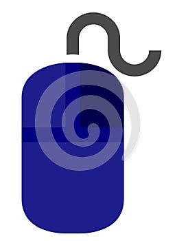 The drawing of a right-clicked blue computer mouse, a small hardware input device used by hand. Illustration, vector or cartoon.