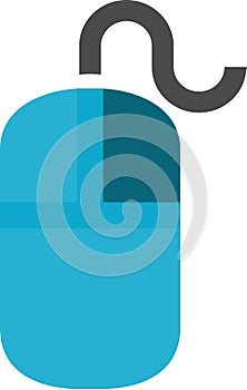 The drawing of a right-clicked light blue computer mouse, a hardware input device used by hand. Illustration, vector or cartoon.