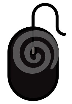 The drawing of a black computer mouse, a small hardware input device used by hand. Illustration, vector or cartoon.