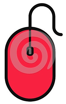The drawing of a red computer mouse, a small hardware input device used by hand. Illustration, vector or cartoon.
