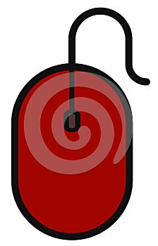 The drawing of a red computer mouse, a small hardware input device used by hand. Illustration, vector or cartoon.