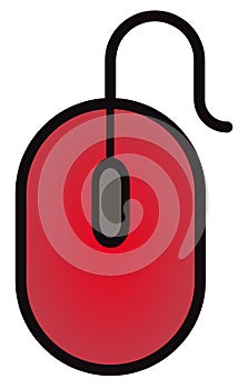 The drawing of a red computer mouse, a small hardware input device used by hand. Illustration, vector or cartoon.