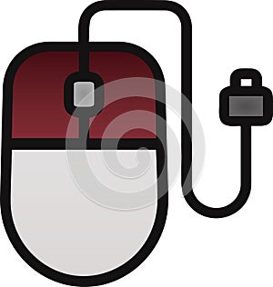 The drawing of a clicked red computer mouse, a small hardware input device used by hand. Illustration, vector or cartoon.