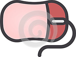 The drawing of a clicked red computer mouse, a small hardware input device used by hand. Illustration, vector or cartoon.