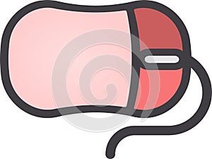 The drawing of a left-clicked red computer mouse, a small hardware input device used by hand. Illustration, vector or cartoon.