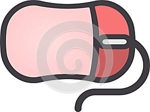The drawing of a right-clicked red computer mouse, a small hardware input device used by hand. Illustration, vector or cartoon.