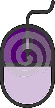 The drawing of a right-clicked purple computer mouse, a hardware input device used by hand. Illustration, vector or cartoon.