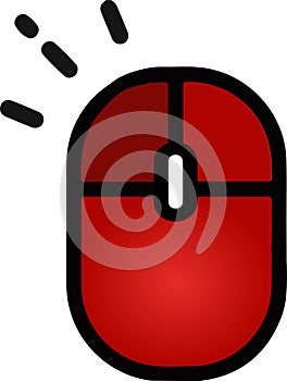 The drawing of a left-clicked red computer mouse, a hardware input device used by hand. Illustration, vector or cartoon.