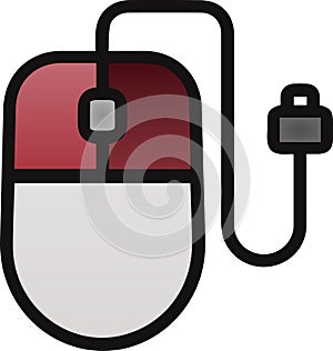 The drawing of a right-clicked red computer mouse, a small hardware input device used by hand. Illustration, vector or cartoon.