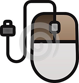 The drawing of a left-clicked brown computer mouse, a small hardware input device used by hand. Illustration, vector or cartoon.