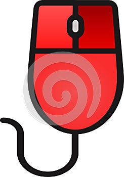 The drawing of a right-clicked red computer mouse, a small hardware input device used by hand. Illustration, vector or cartoon.