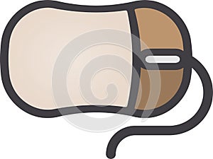 The drawing of a right-clicked brown computer mouse, a small hardware input device used by hand. Illustration, vector or cartoon.