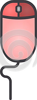 The drawing of a right-clicked red computer mouse, a small hardware input device used by hand. Illustration, vector or cartoon.