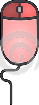 The drawing of a left-clicked red computer mouse, a small hardware input device used by hand. Illustration, vector or cartoon.
