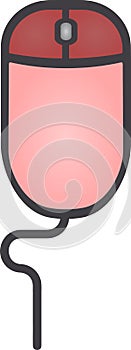 The drawing of a clicked red computer mouse, a small hardware input device used by hand. Illustration, vector or cartoon.