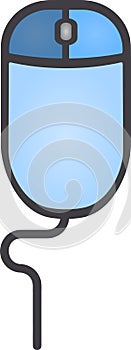 The drawing of a left-clicked blue computer mouse, a small hardware input device used by hand. Illustration, vector or cartoon.