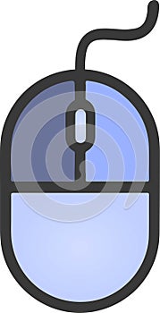 The drawing of a left-clicked blue computer mouse, a hardware input device used by hand. Illustration, vector or cartoon.
