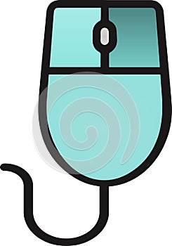 The drawing of a right-clicked blue computer mouse, a small hardware input device used by hand. Illustration, vector or cartoon.