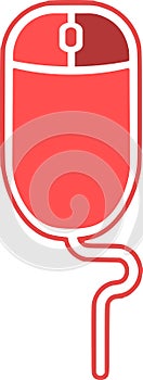 The drawing of a right-clicked red computer mouse, a small hardware input device used by hand. Illustration, vector or cartoon.