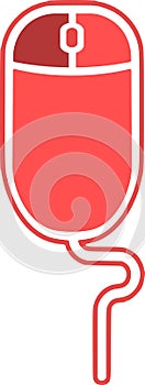 The drawing of a left-clicked red computer mouse, a small hardware input device used by hand. Illustration, vector or cartoon.