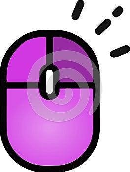 The drawing of a right-clicked purple computer mouse, a hardware input device used by hand. Illustration, vector or cartoon.