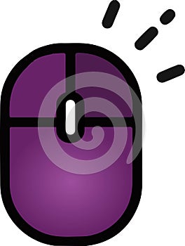 The drawing of a right-clicked purple computer mouse, a hardware input device used by hand. Illustration, vector or cartoon.