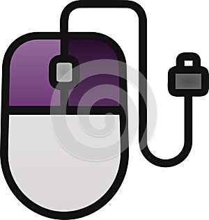 The drawing of a right-clicked purple computer mouse, a small hardware input device used by hand. Illustration, vector or cartoon.