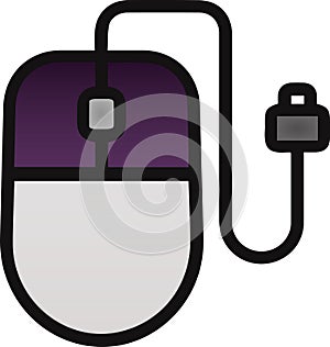 The drawing of a clicked purple computer mouse, a small hardware input device used by hand. Illustration, vector or cartoon.
