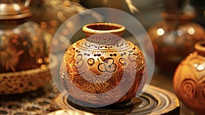 A small intricately designed gourd is filled with a pungent ambercolored liquid. This liquid is believed to improve