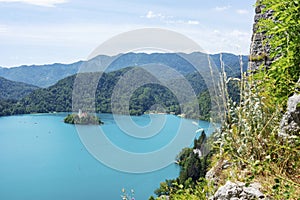 The small island of Lake Bled, Slovenia from above