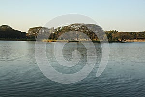 Small island in the middle of a lake in Bengaluru, Karnataka, India.