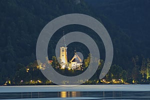 The small island by night of Lake Bled, Slovenia