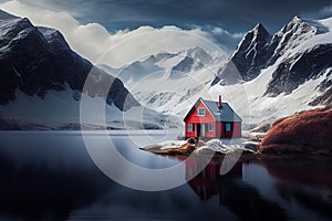 Small isolated Red house on lake with snow mountain side,Generative AI illustration